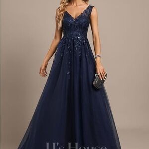 JJs House Navy V-Neck A-Line Evening Gown with Lace Appliqué